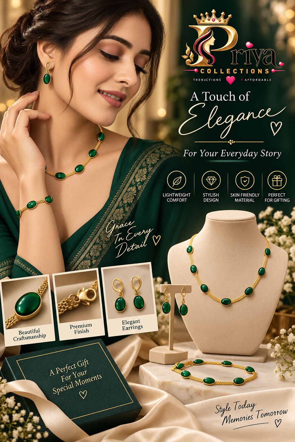 Gold-Plated Oval Green Crystal Necklace & Earrings Set for Women