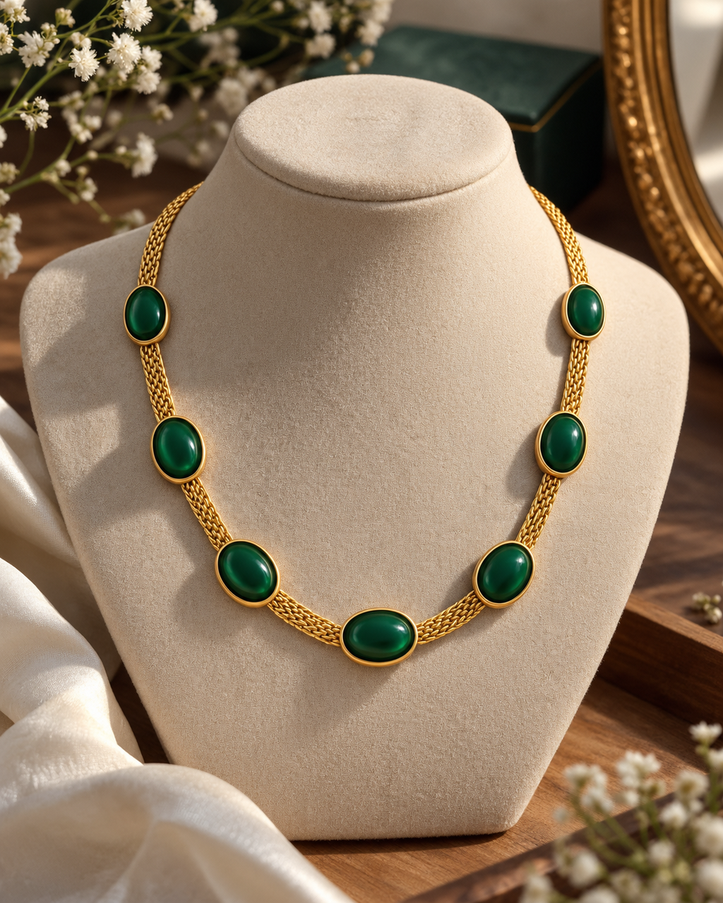 Gold-Plated Oval Green Crystal Necklace & Earrings Set for Women