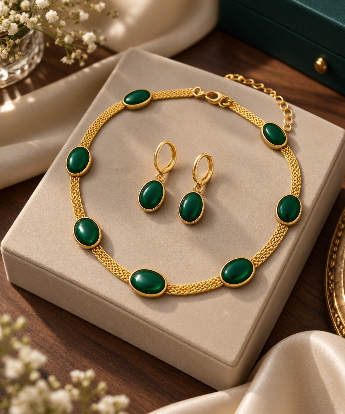 Gold-Plated Oval Green Crystal Necklace & Earrings Set for Women