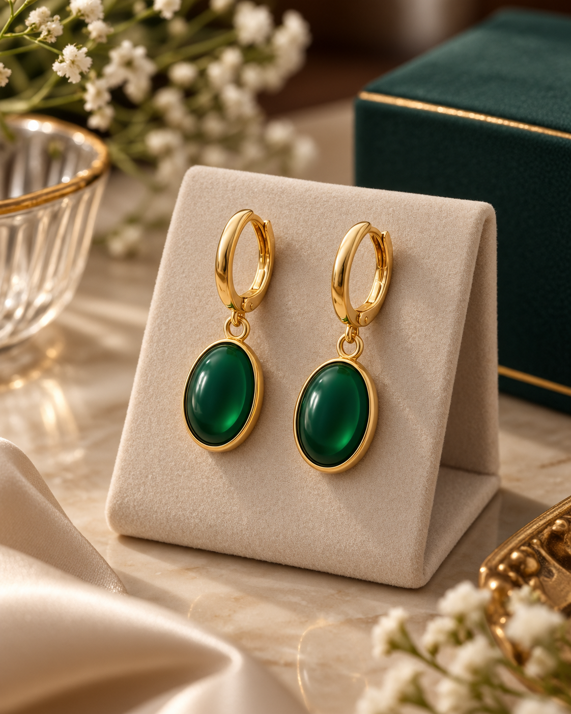 Gold-Plated Oval Green Crystal Necklace & Earrings Set for Women