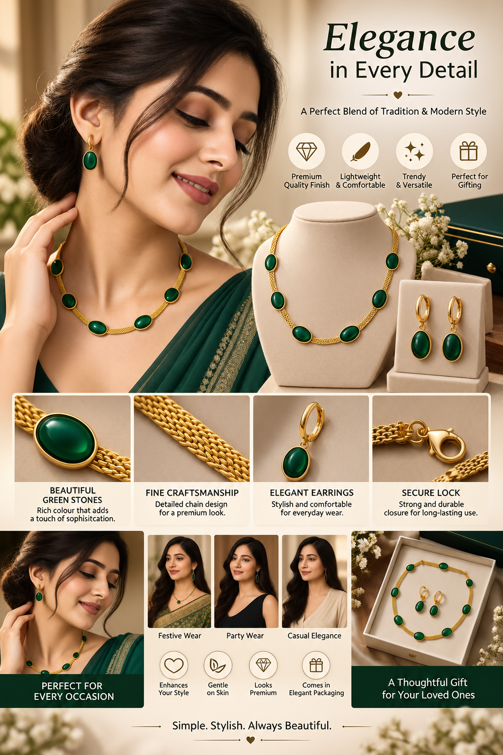 Gold-Plated Oval Green Crystal Necklace & Earrings Set for Women