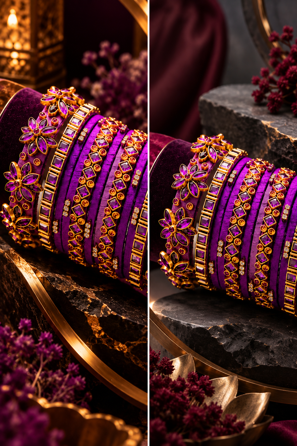 Royal Violet Bloom – Violet & Gold Designer Bangles
