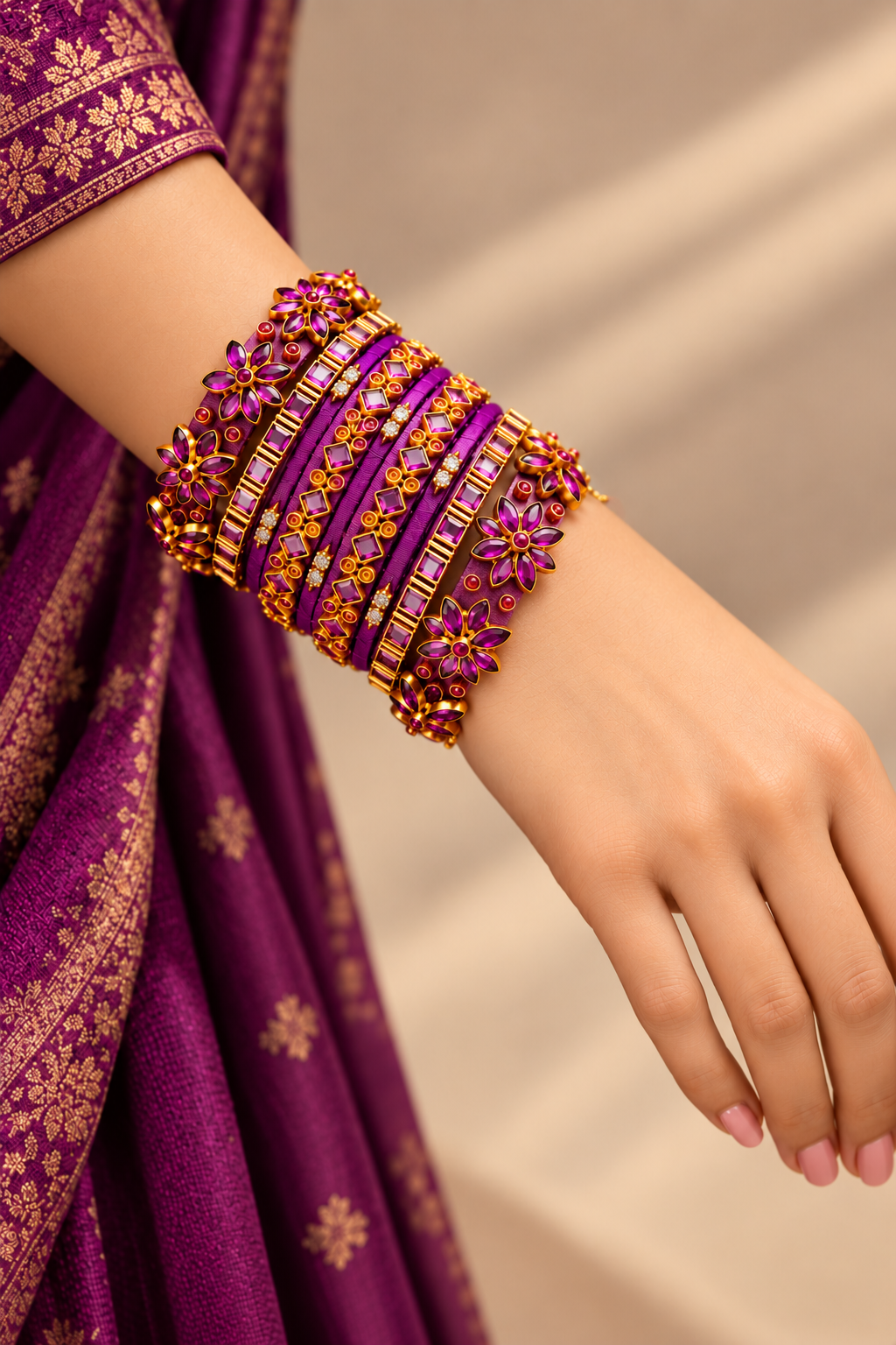 Royal Violet Bloom – Violet & Gold Designer Bangles