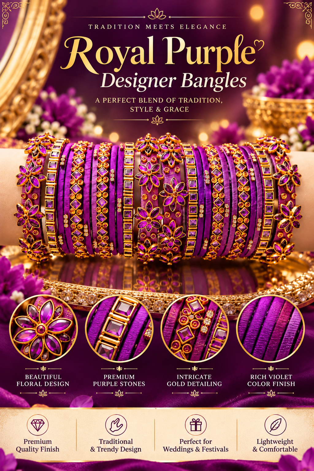 Bangkules Royal Violet Bloom – Violet & Gold Designer Bangles – Priya Collections
